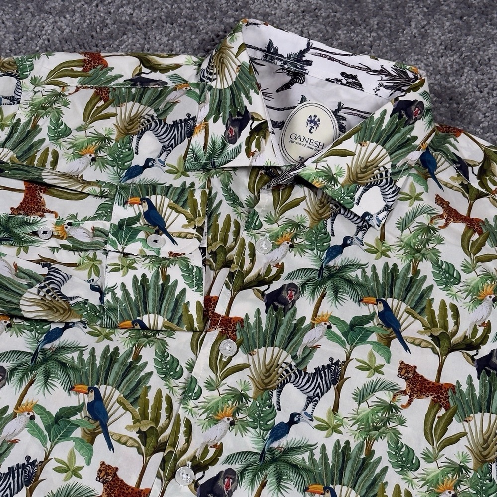 Ganesh Button Front Shirt Men's XL White Animal Print All Over AOP Boho Jungle